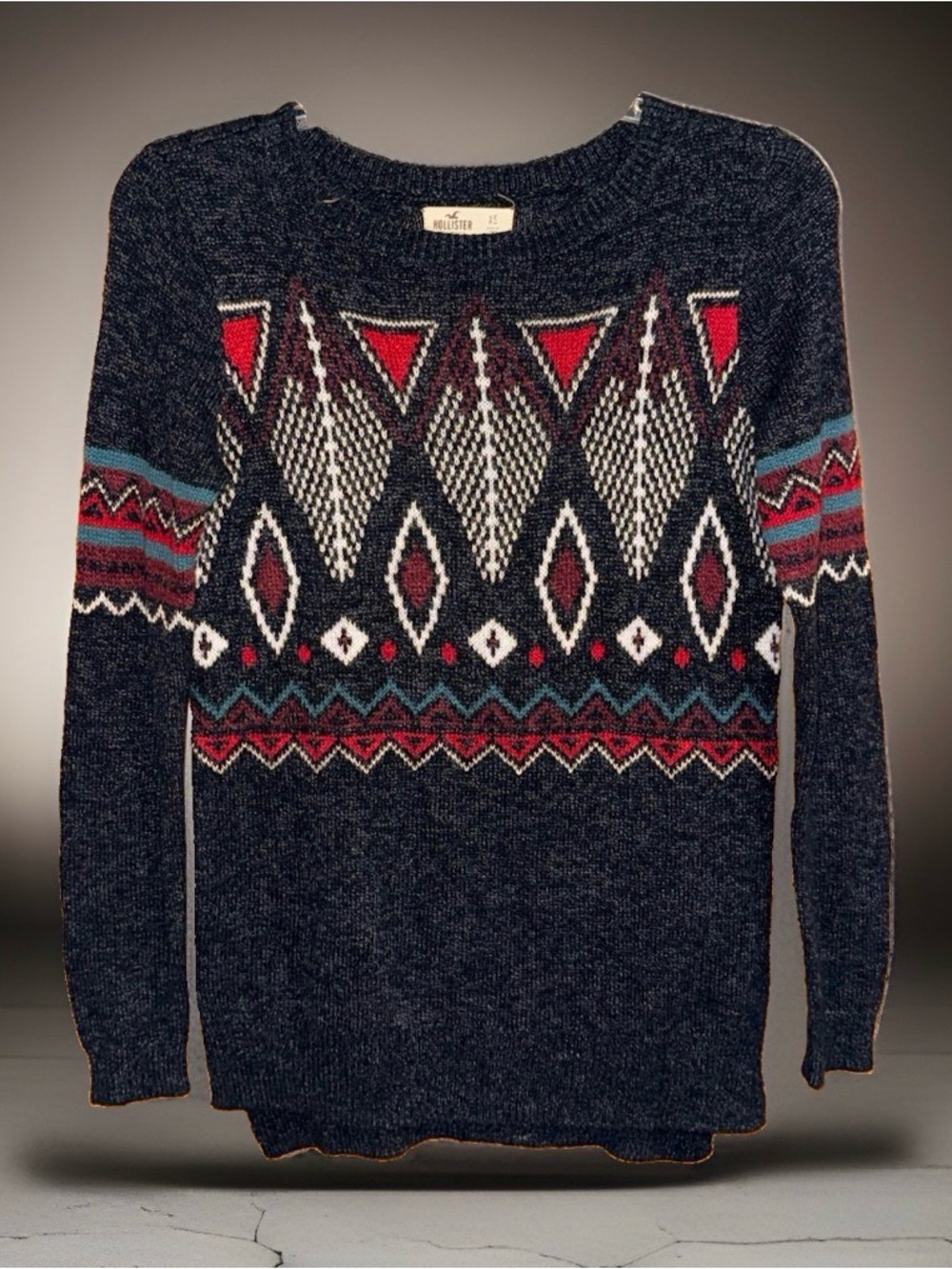 Hollister Women’s Charcoal Crewneck Sweater w/Red, White & Teal Pattern-XS-EC